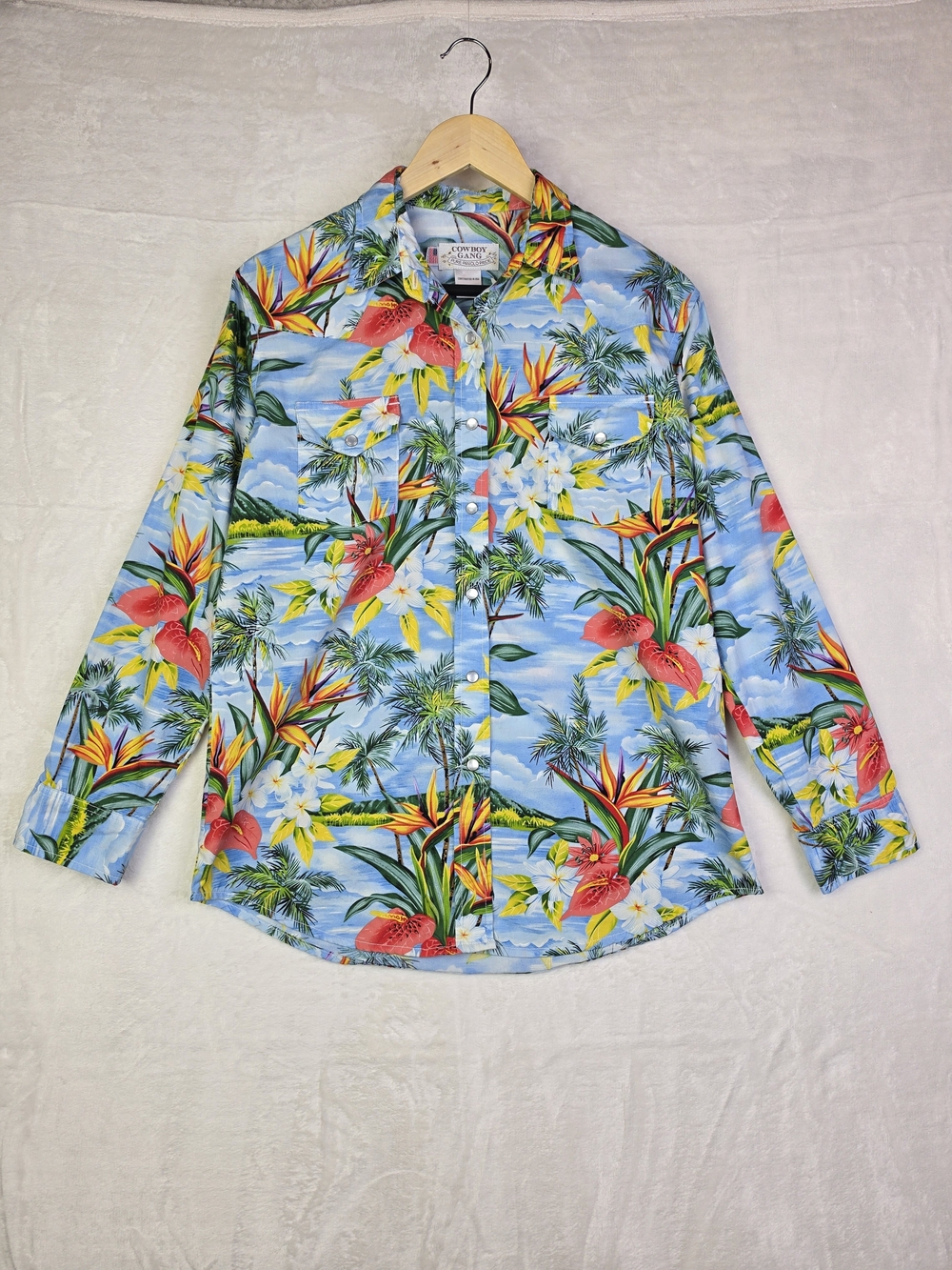 Cowboy Gang Hawaiian Shirt Mens Medium Long Sleeve Pearl Snap USA